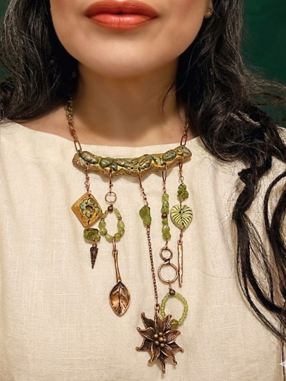 Green Leaf  Earth Natural Peridot In Unique Artisan Assemblage Copper Necklace